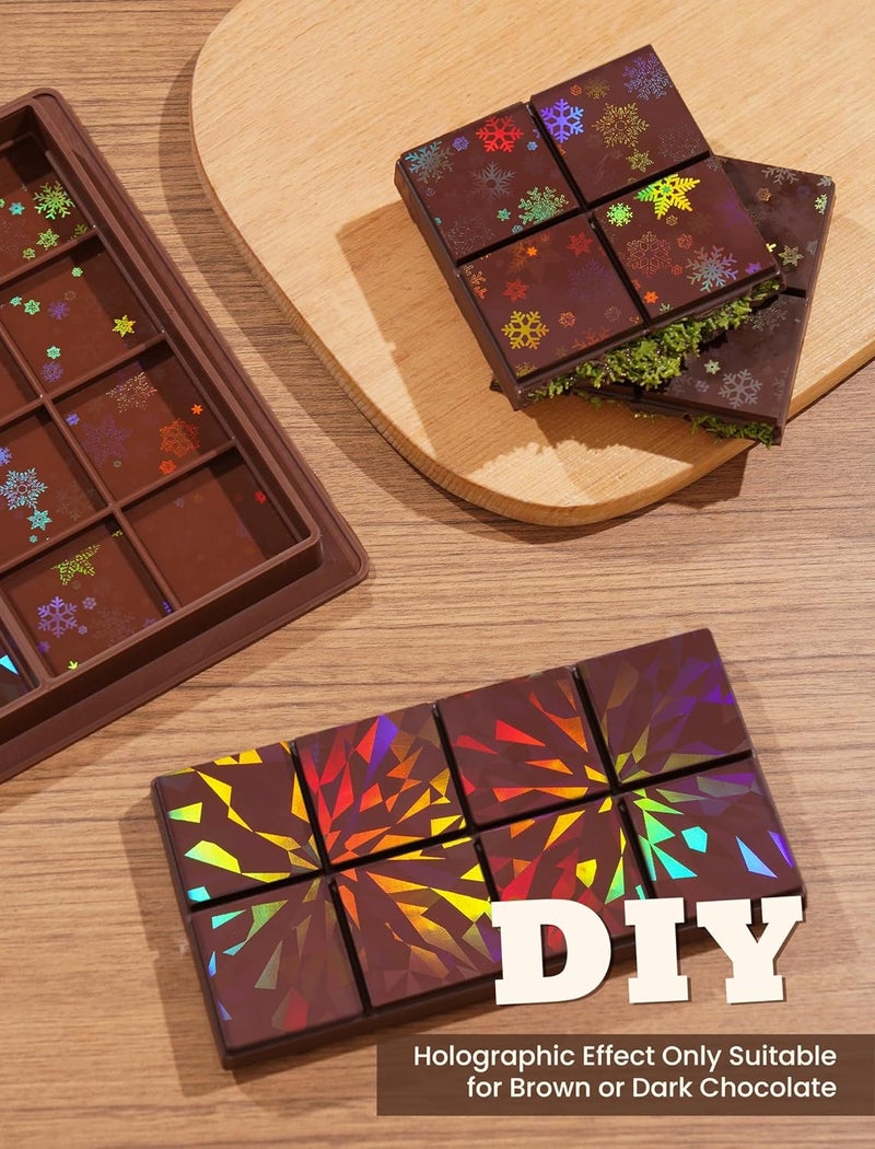 NiHome 0.67 Inch Holographic Dubai Chocolate Molds, Silicone Chocolate Bar Mold for Black Chocolate, Dishwasher Safe & Wall Hanging, Christmas Valentine Gift (Snowflake and Firework Patterns) - Image 2